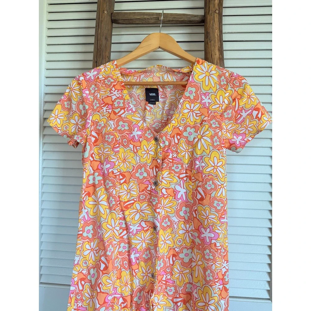 Vans Floral Button Front Mini Dress XS Orange Yellow Retro 70s‎ Style